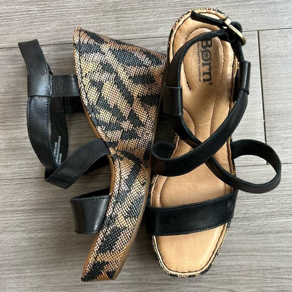 Born Sudo Wedge Sandals Black & Tan Leather Strappy Platform Boho Size W8 - Picture 1 of 7